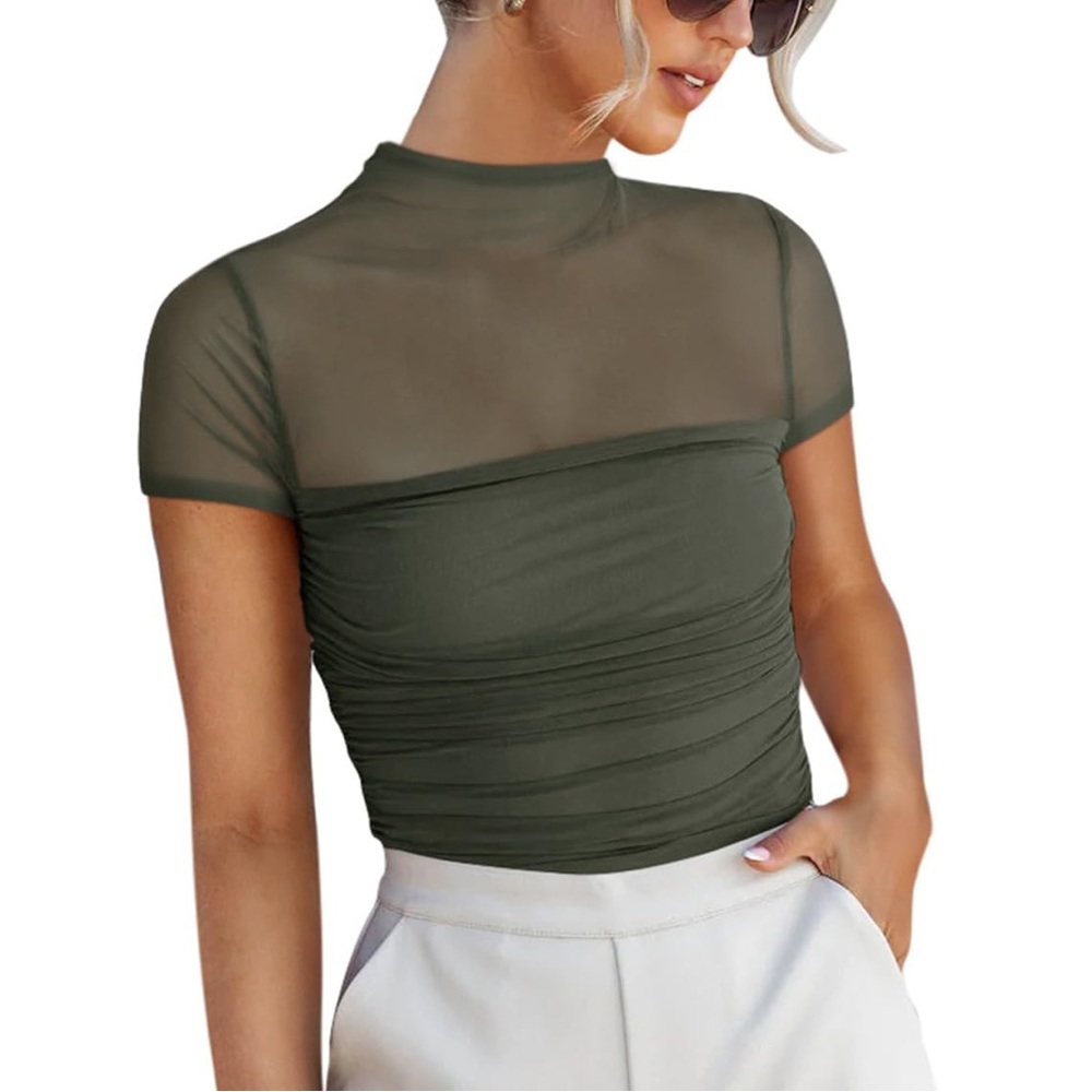NWT REORIA‎ Women’s Gray Green Sheer Mesh Ruched Bodysuit – XL
